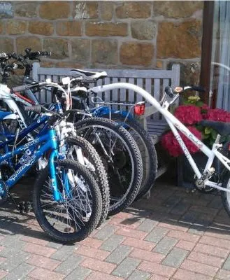 Various bikes, including children's and tandem bikes, are parked outside Stratford Bike Hire, ready for exploring Stratford-upon-Avon.