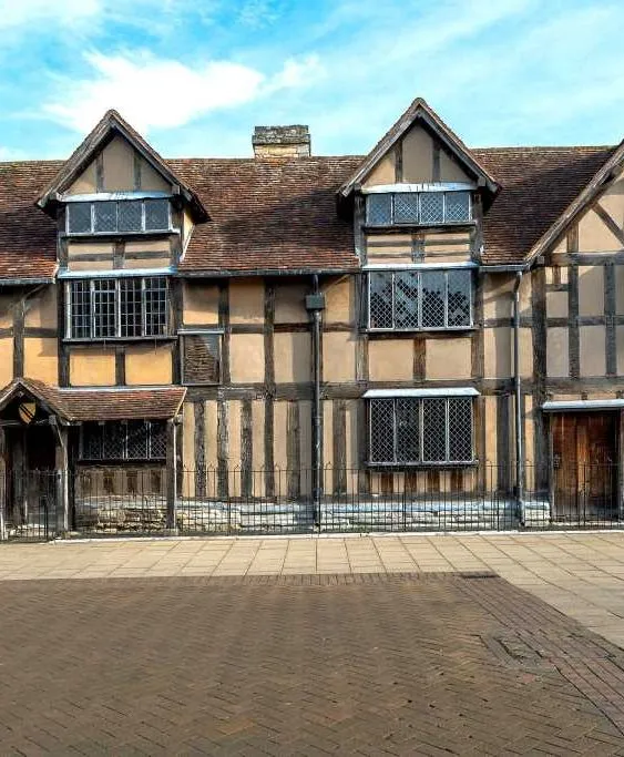 Shakespeare's Birthplace in Stratford-upon-Avon, a traditional timber-framed building with leaded windows and a historic facade.
