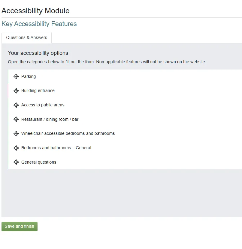 Accessibility Module form displaying key accessibility features options and tips for completing the questionnaire.