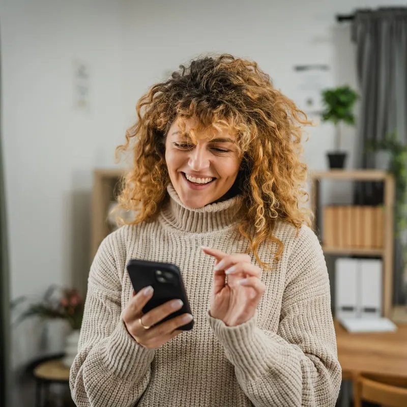 Smiling woman using smartphone at home
