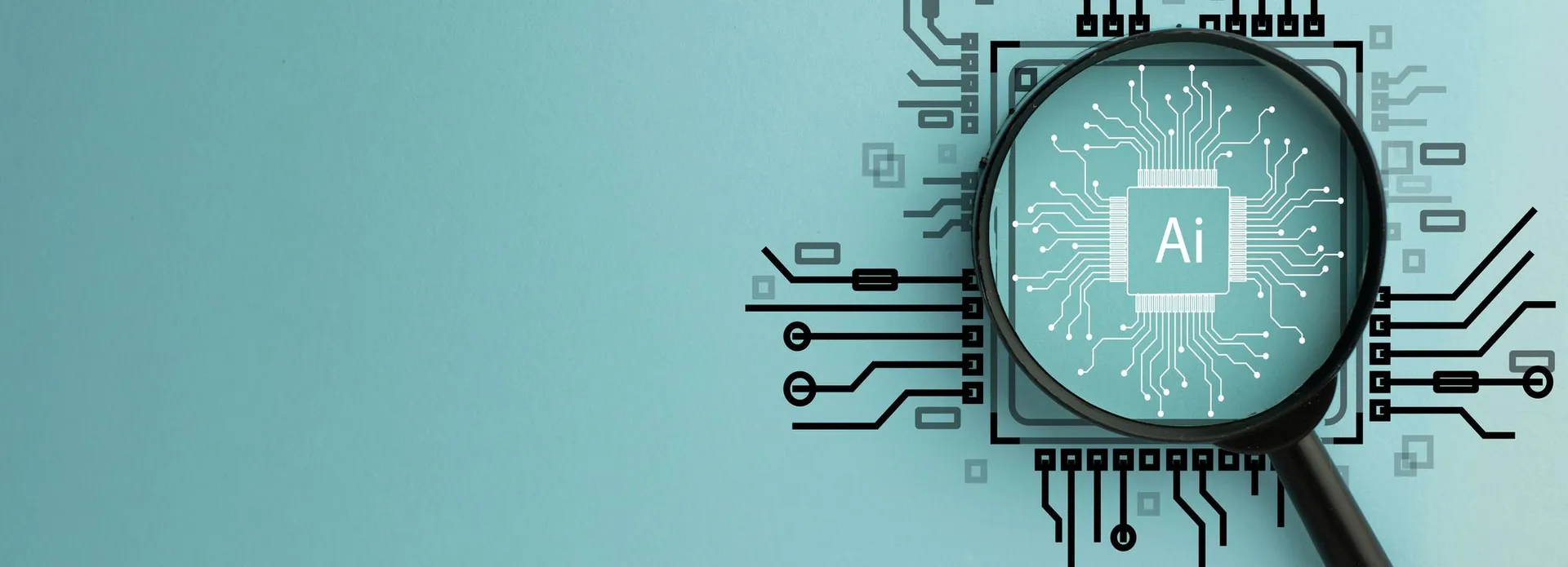Magnifying glass focusing on AI microchip illustration with circuit board design