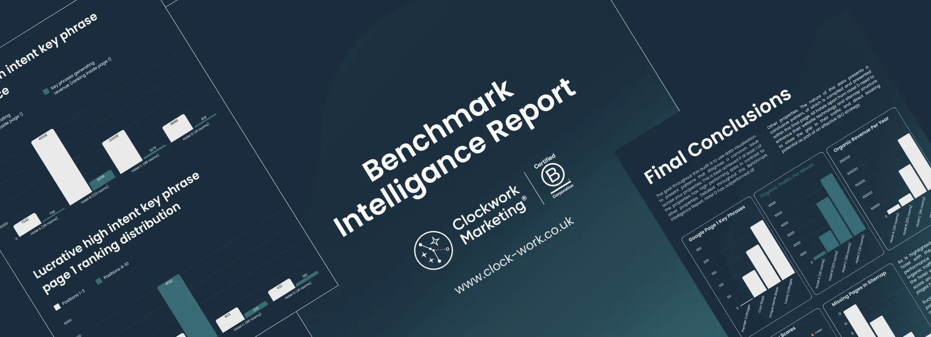 Benchmark Intelligence Report by Clockwork Marketing displaying data charts and final conclusions.