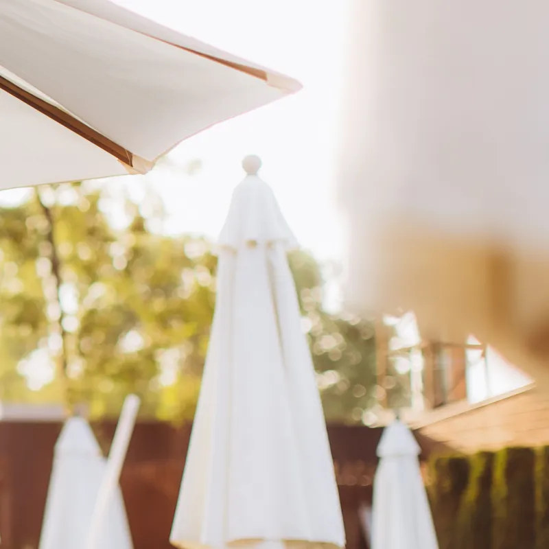 Outdoor patio with closed white umbrellas and sunlight filtering through trees