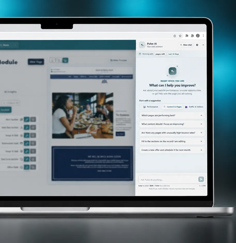 Laptop displaying a page creation module with a Pulse AI CMS assistant panel for improving a dining webpage.