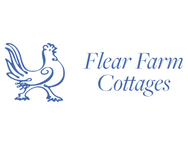 Flear Farm Cottages logo with an illustrated blue chicken next to the text