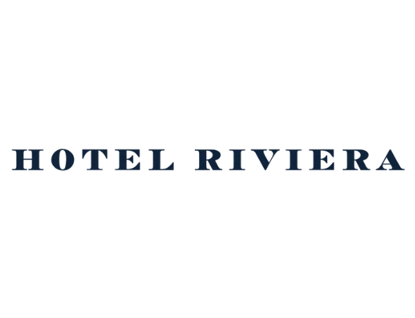 Hotel Riviera logo in blue uppercase serif letters