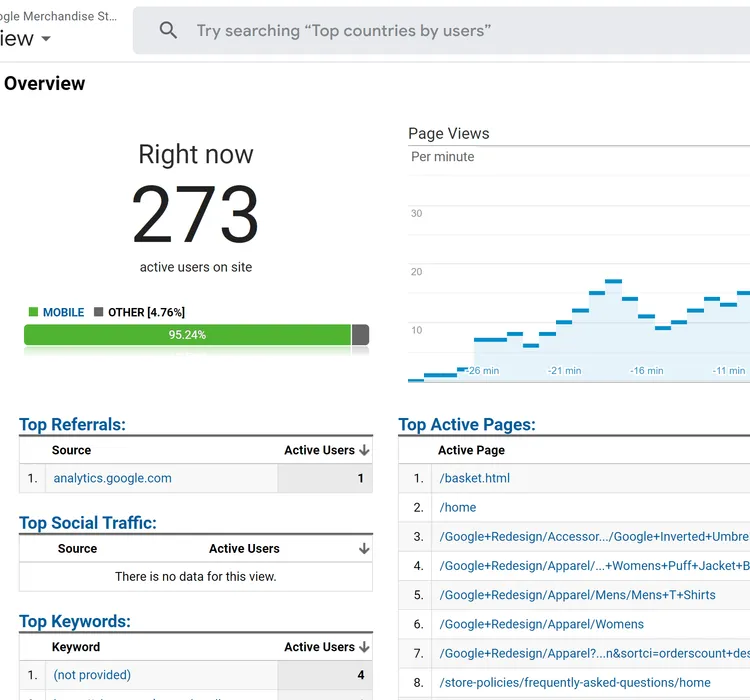 Google Analytics real-time overview showing active users on site, traffic source breakdowns, and active pages.