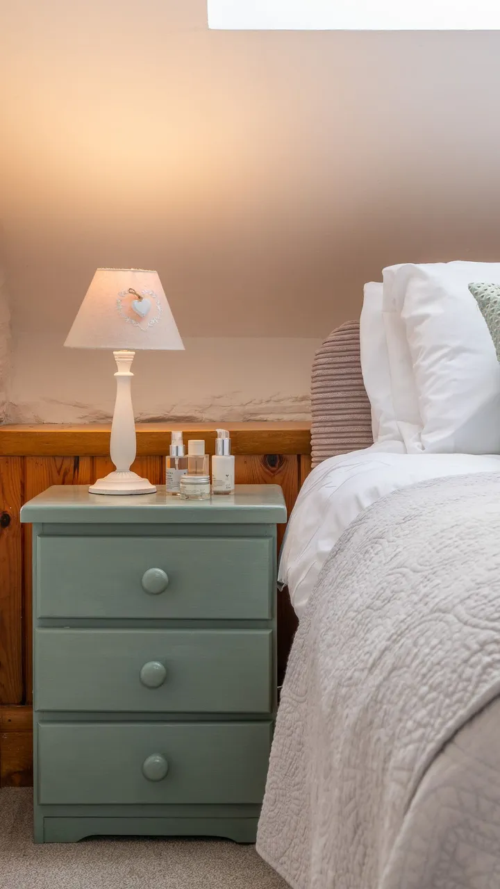 Cosy bedside setup in a cottage bedroom with a sage green nightstand, a heart-accented lamp, neatly arranged toiletries, and a soft quilted bedspread.