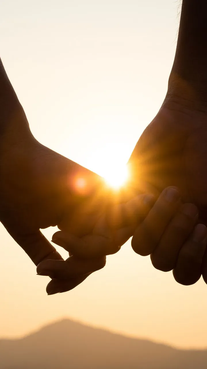 Close-up of a couple holding hands in front of a sunset, light flaring between their fingers with distant hills in the background.