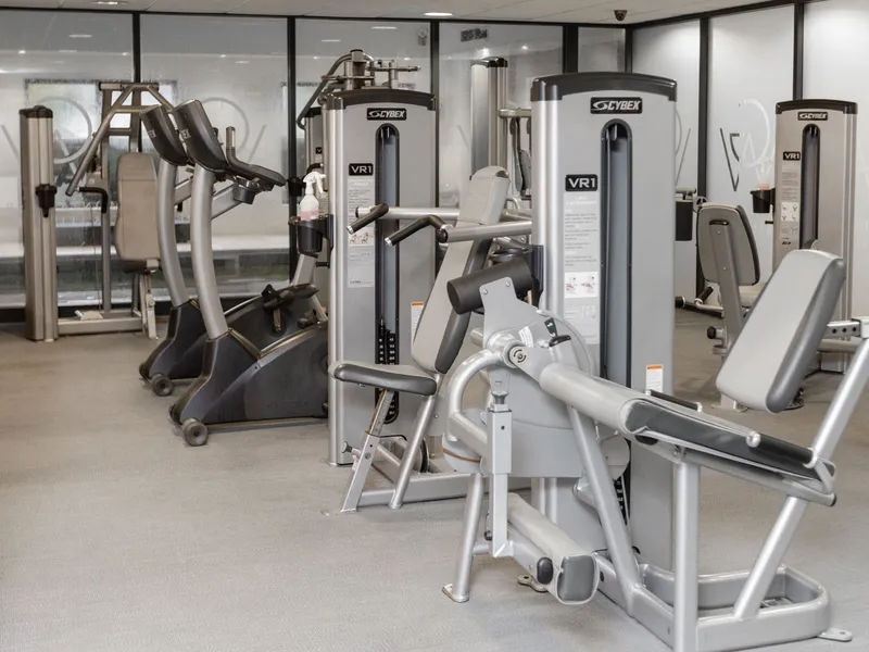 Modern gym interior with strength-training machines and elliptical cross trainers.