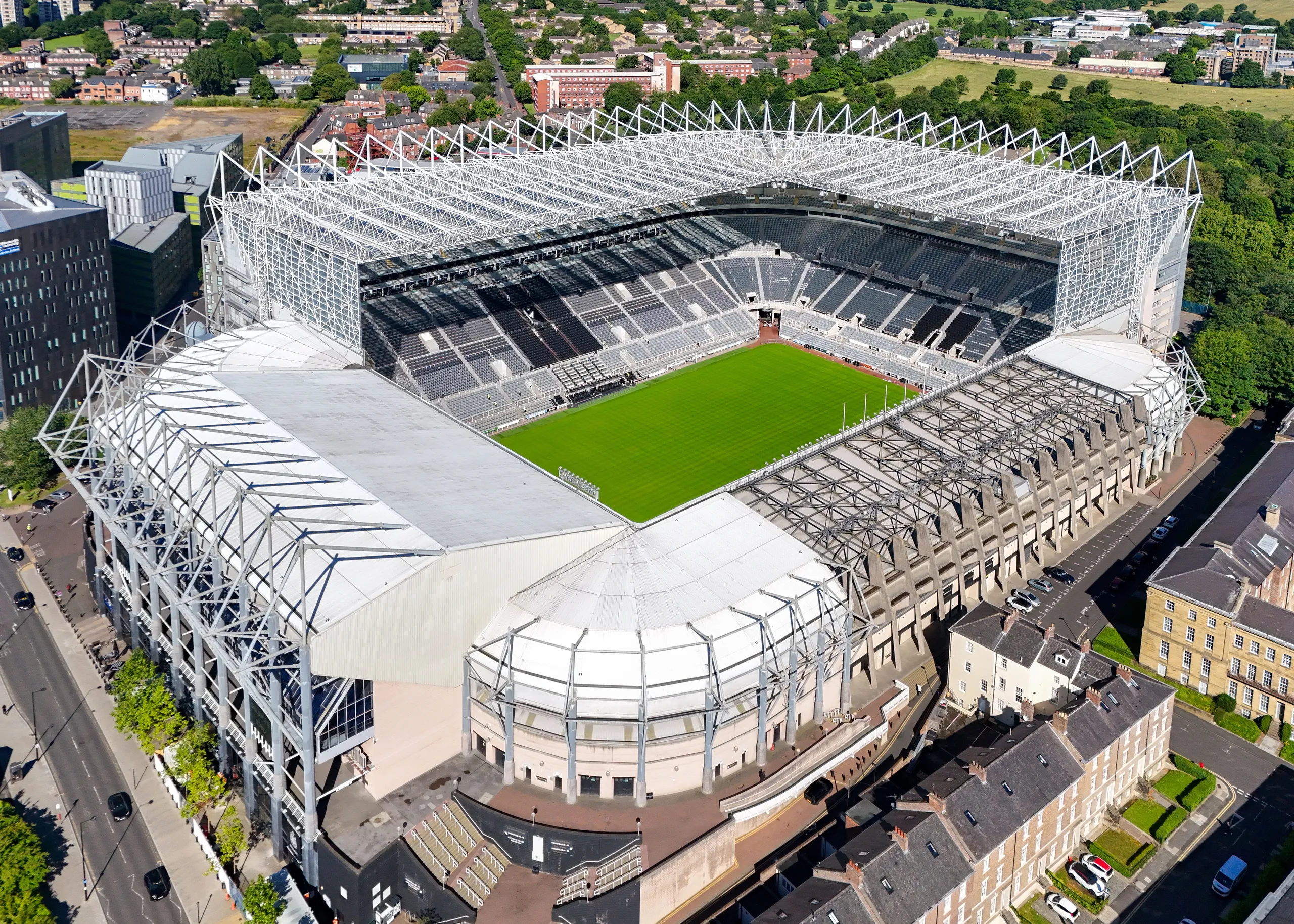 Aerial view of St James' Park football stadium in Newcastle upon Tyne, England