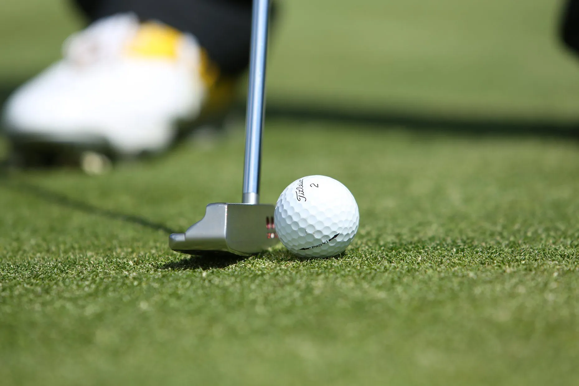 Close-up of a golf putter beside a white golf ball on a manicured green