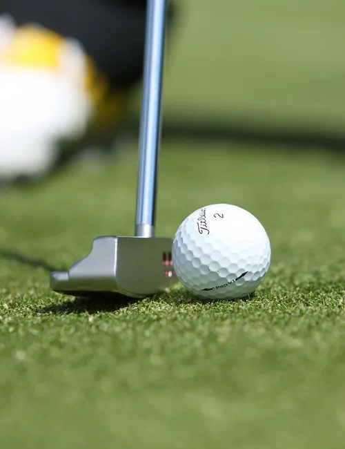 Close-up of a golf putter beside a white golf ball on a manicured green