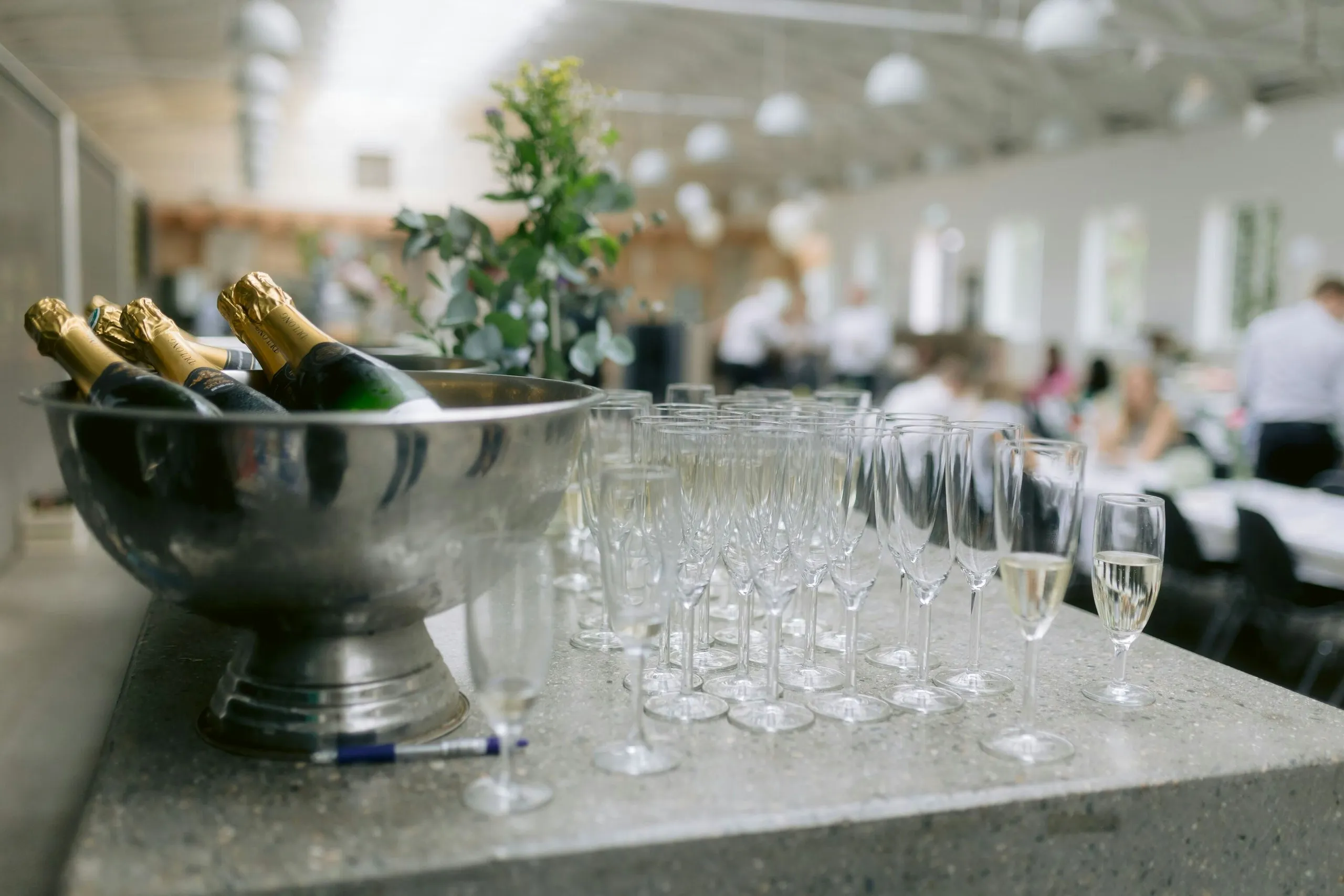 Champagne bottles in a silver ice bucket beside rows of flutes at a reception venue.