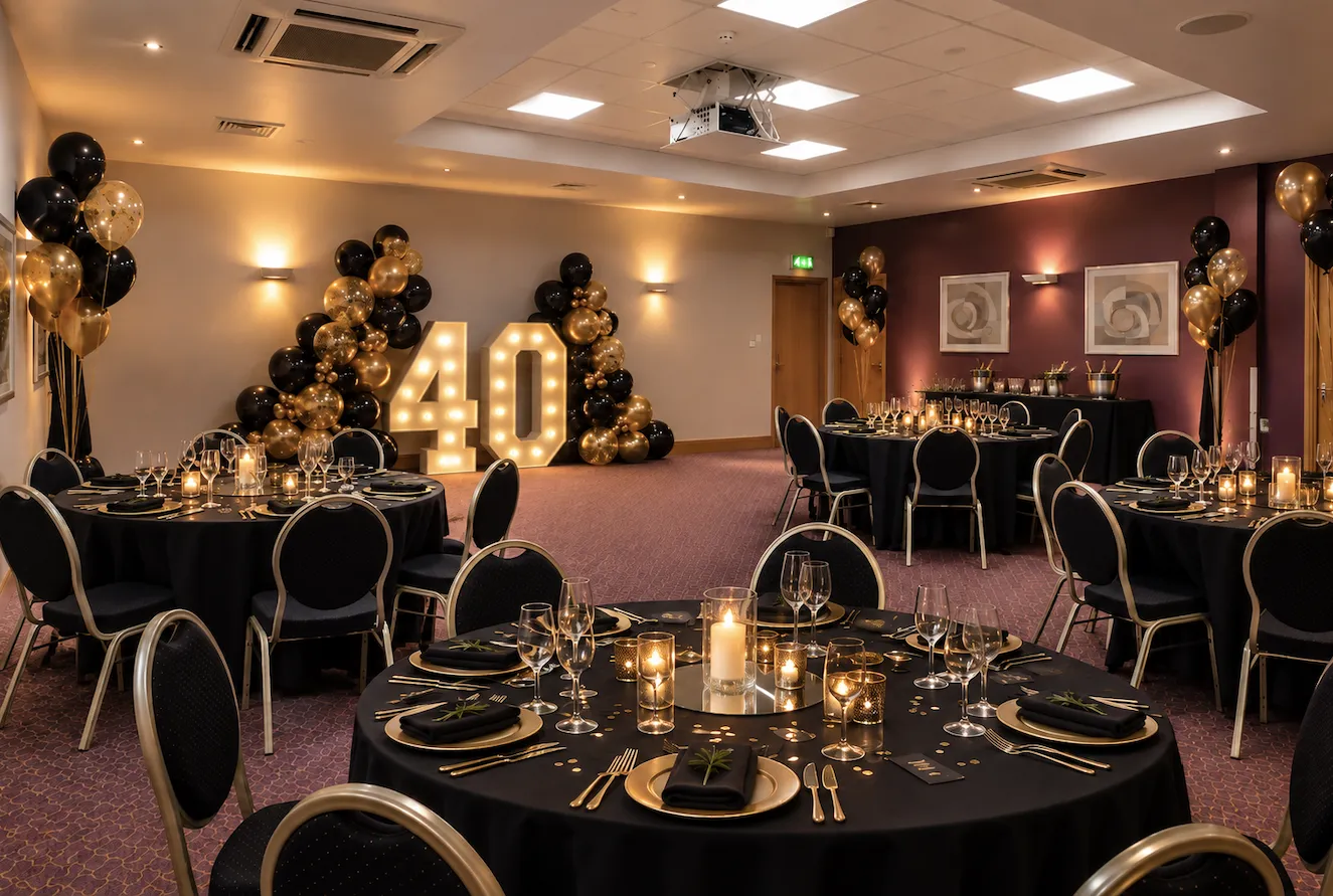 Elegant 40th birthday celebration in the Clinton Suite with black and gold balloons, illuminated numbers and candlelit tables.