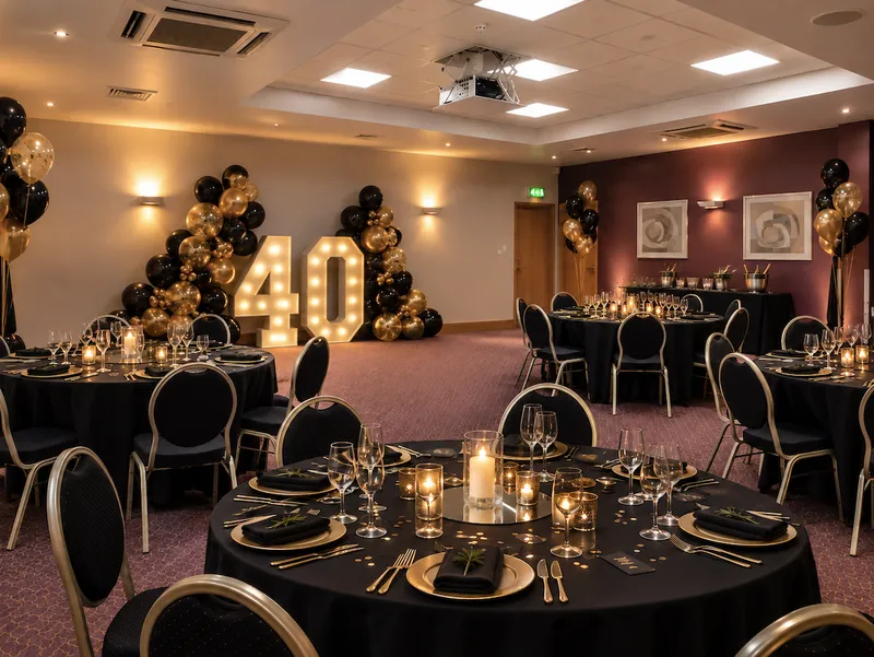 Elegant 40th birthday celebration in the Clinton Suite with black and gold balloons, illuminated numbers and candlelit tables.