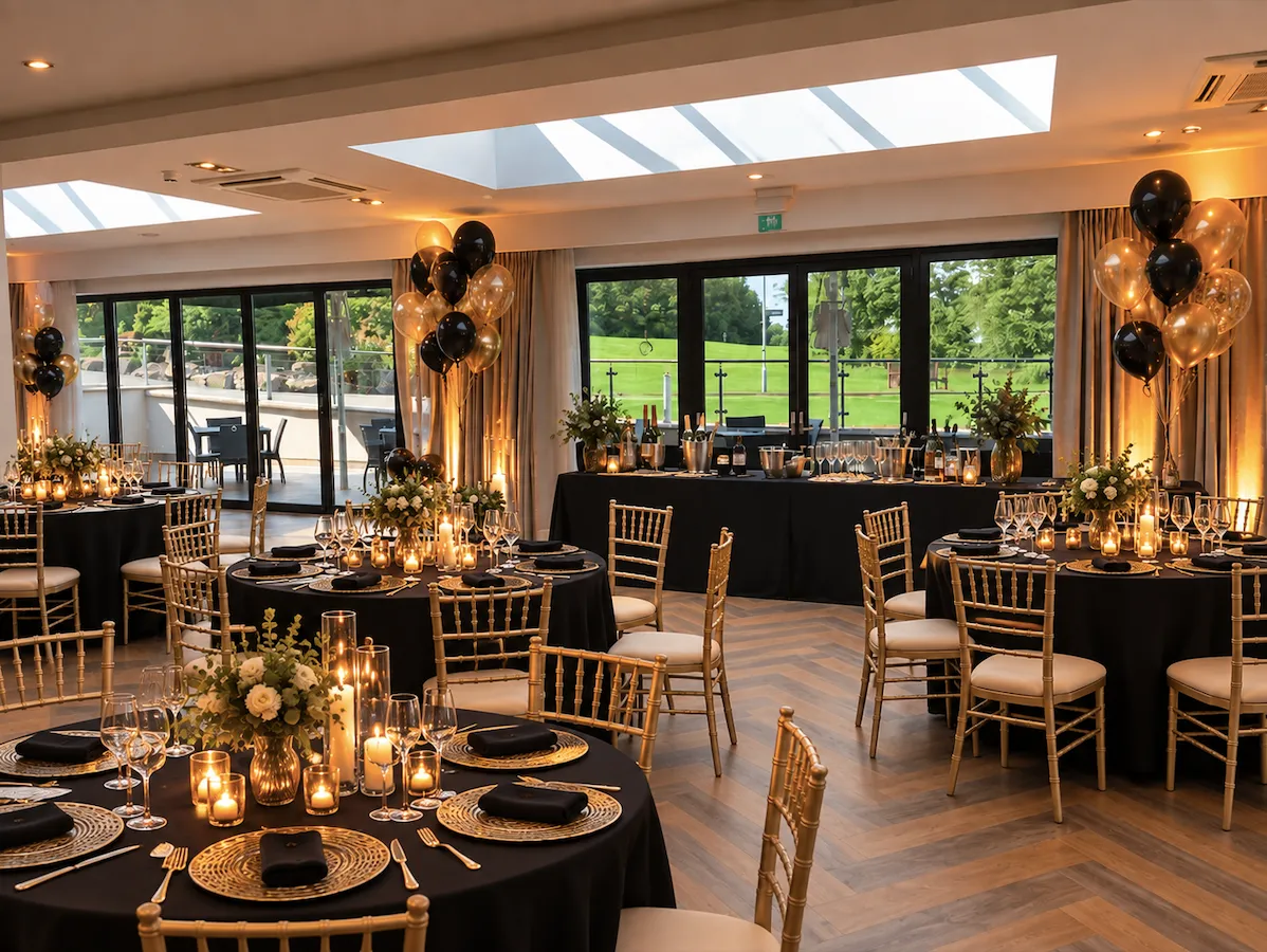 Elegant function room decorated in black and gold with balloon displays, candlelit tables and gold chairs.