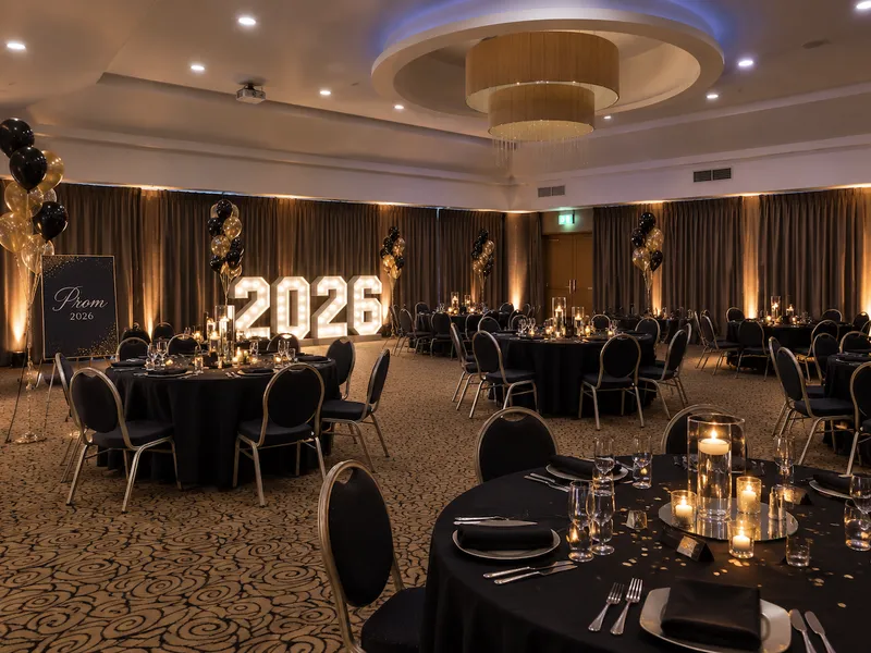 Elegant prom banquet hall decorated in black and gold with illuminated 2026 numbers, balloons and candlelit tables.