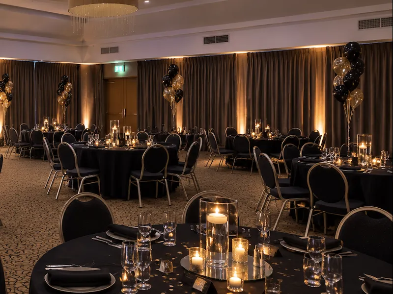 Elegant prom banquet hall decorated in black and gold with illuminated 2026 numbers, balloons and candlelit tables.