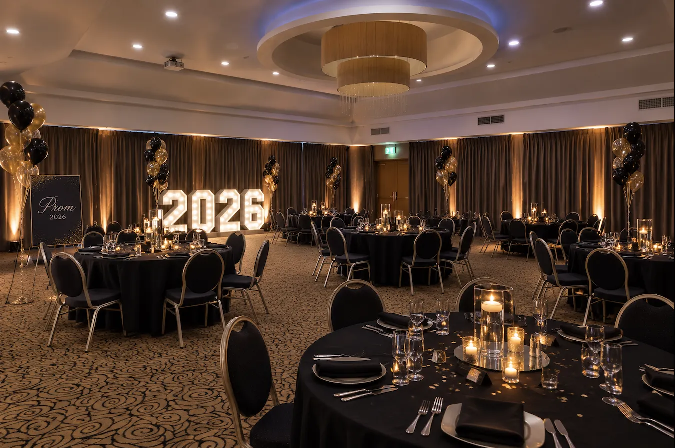 Elegant prom banquet hall decorated in black and gold with illuminated 2026 numbers, balloons and candlelit tables.