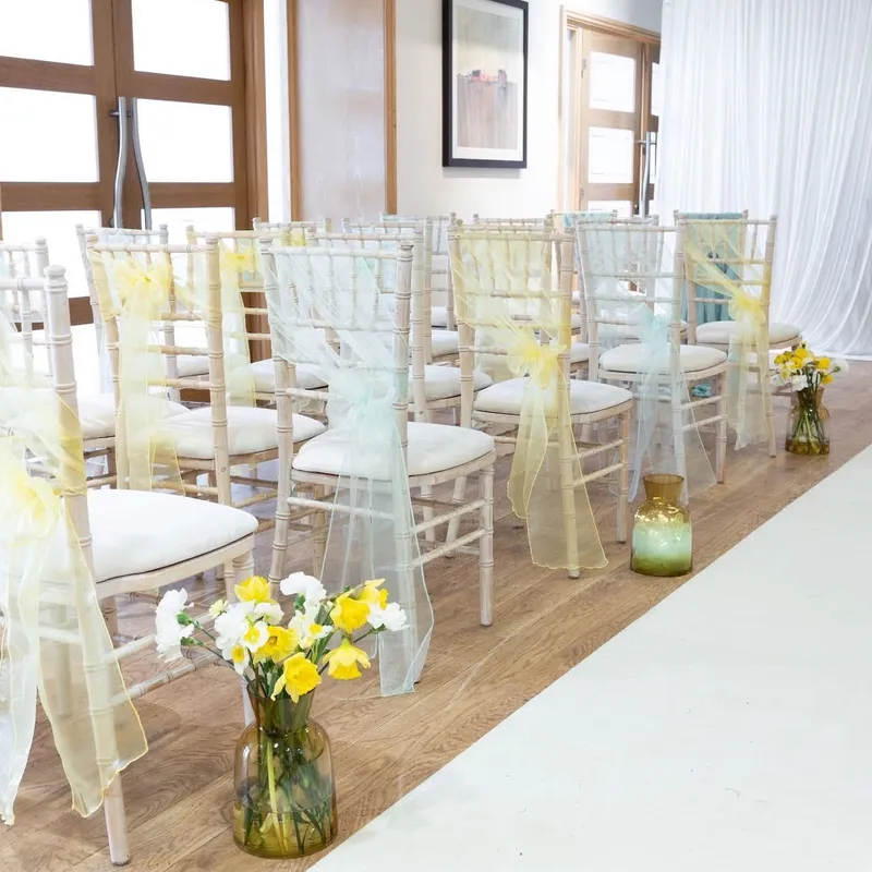 Rows of ivory chairs decorated with pale yellow and blue tulle, with daffodils lining a wedding ceremony aisle.