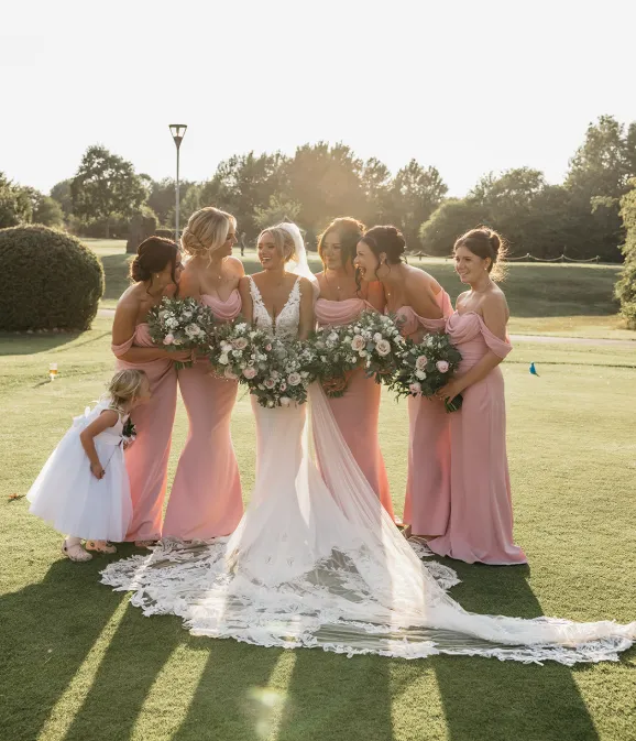 Bride in a white lace gown with bridesmaids in blush pink dresses holding floral bouquets on a sunlit lawn.