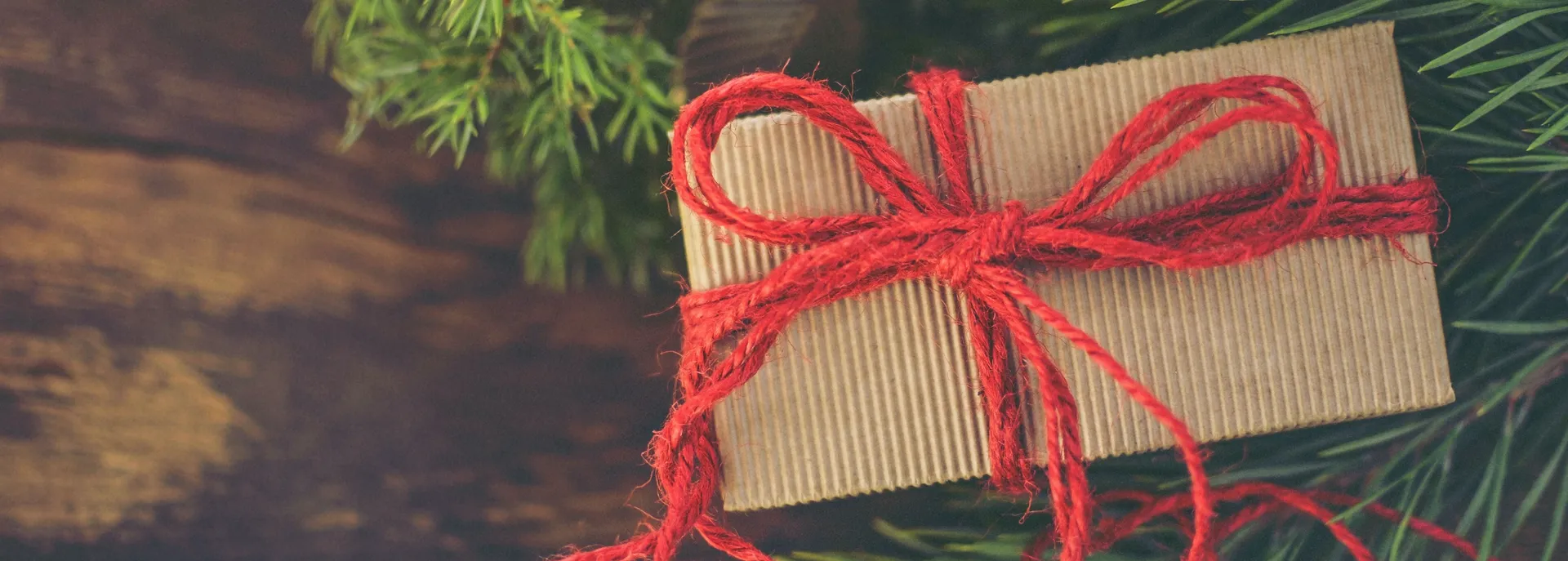 Gift voucher in Christmas tree with red ribbon