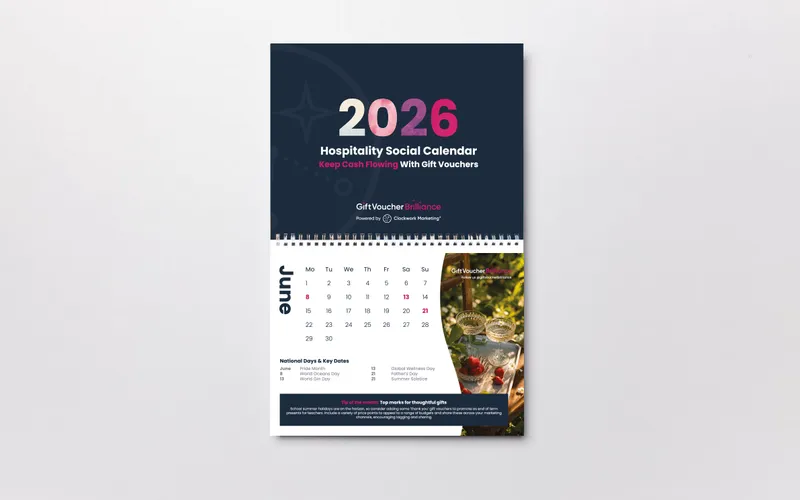 Image of a hospitality marketing calendar open on June 2026