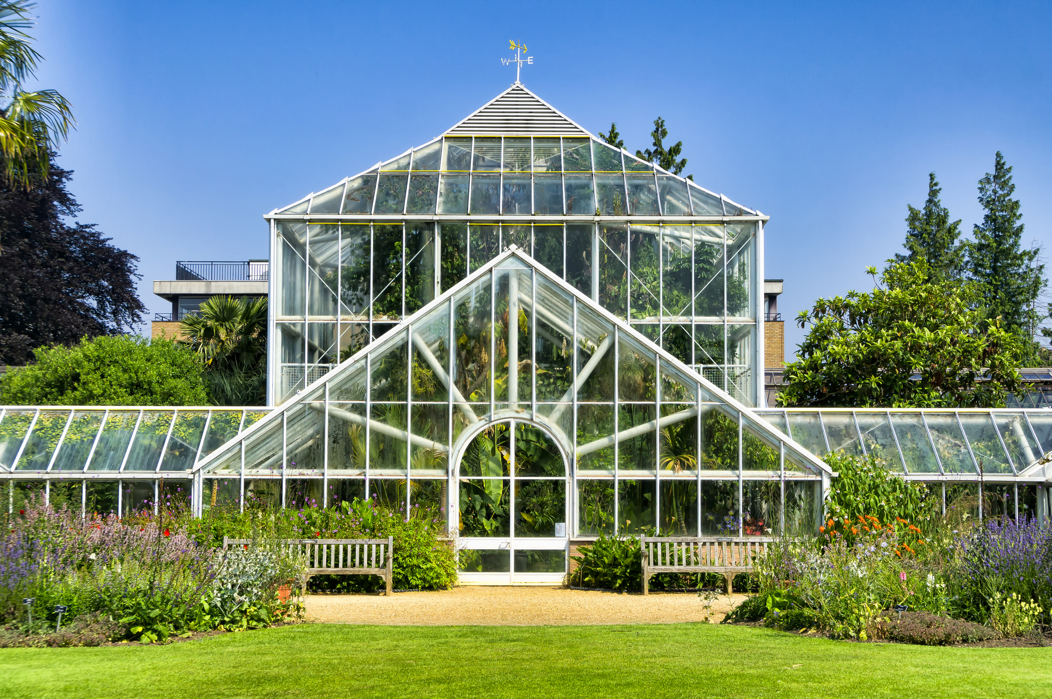 Cambridge University Botanic Centre glasshouse surrounded by colourful garden beds, benches, and lawn under a clear blue sky.