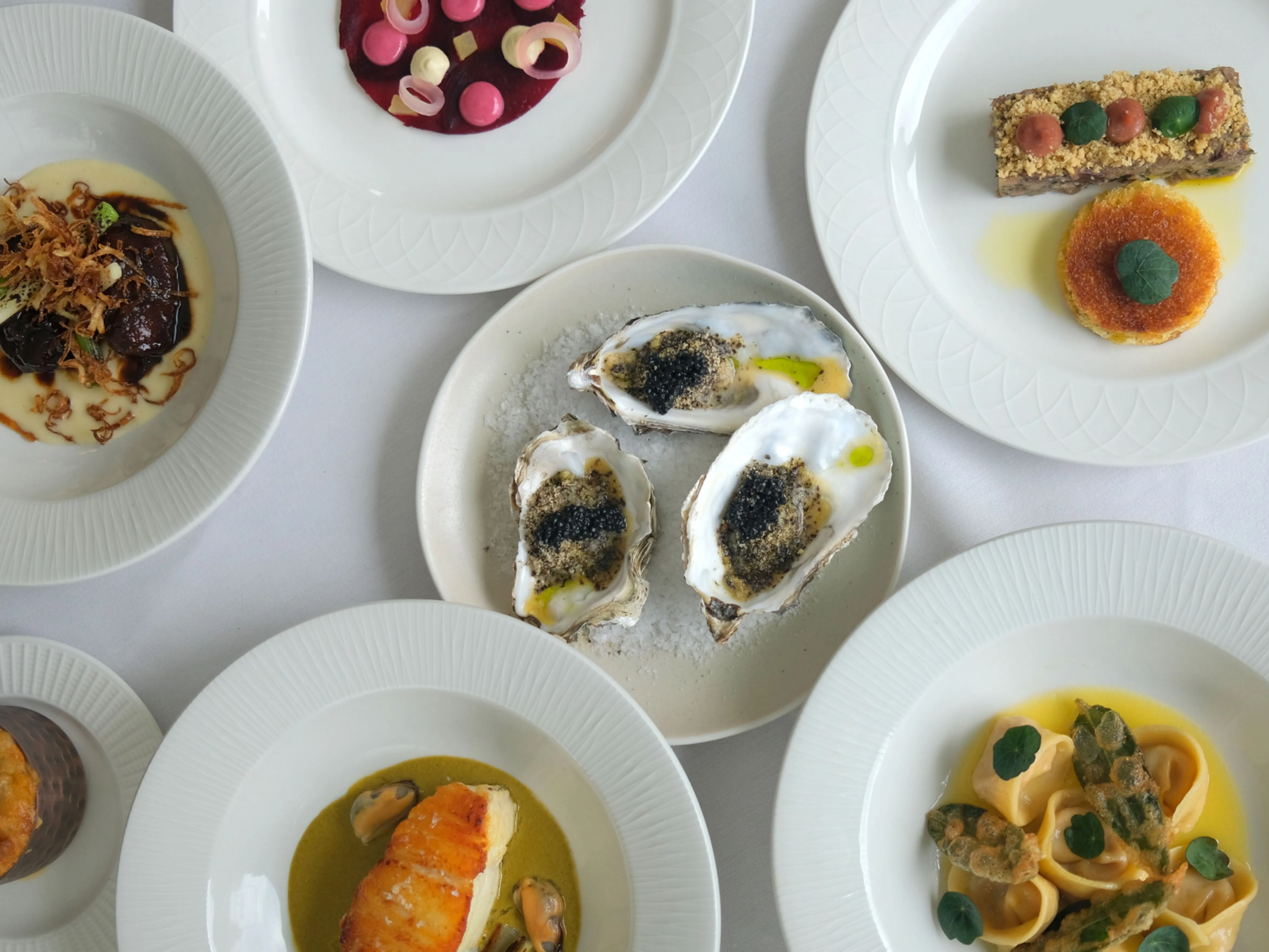 An assortment of six elegant small plates, including oysters, pasta, and seafood, artfully presented at The Gonville Kitchen in Cambridge.