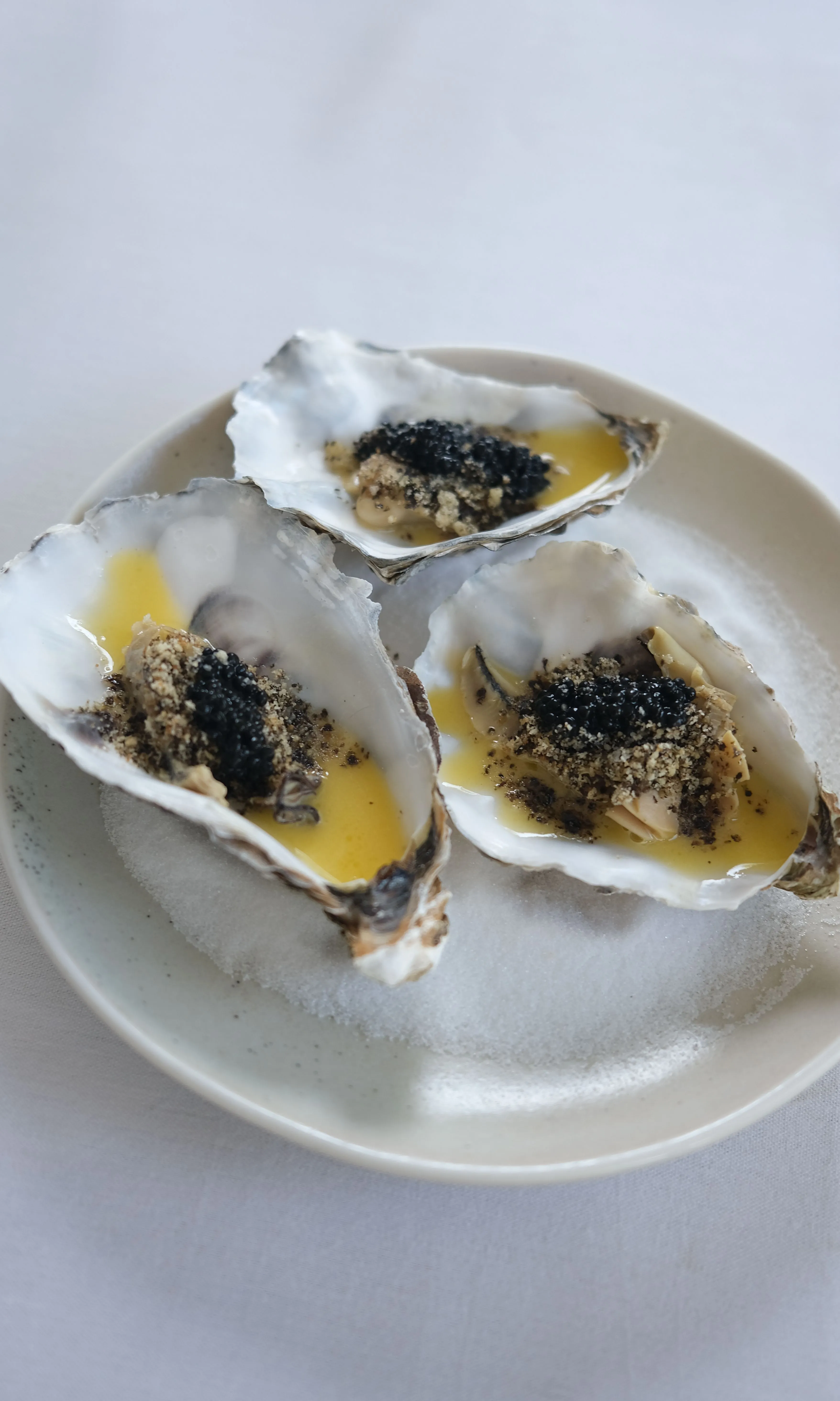 Three oysters on the half shell served on a bed of salt, topped with sauce and garnish, plated at The Gonville Kitchen in Cambridge.