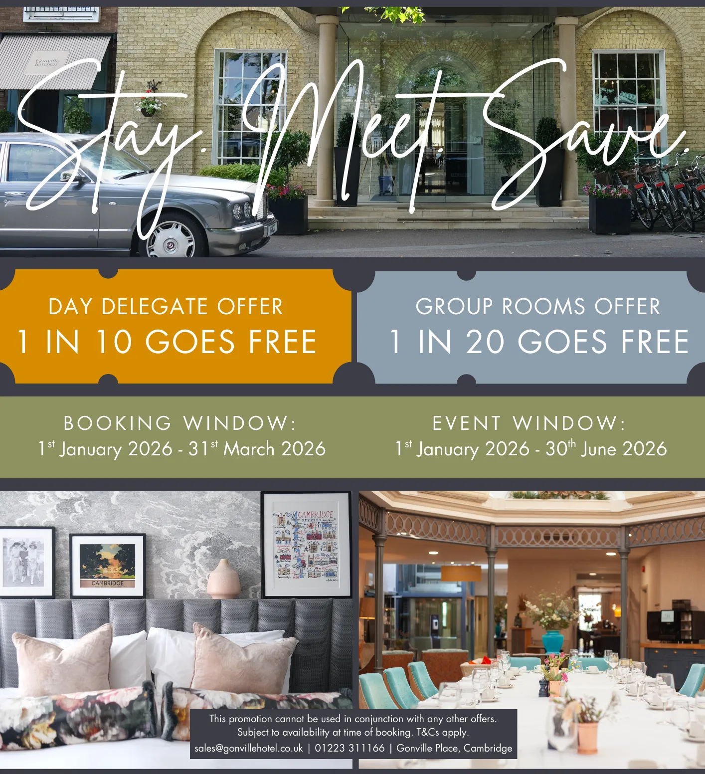Promotional offer for hotel stays, group rooms, and events with images of a hotel entrance, a comfortable bedroom, and a dining room.
