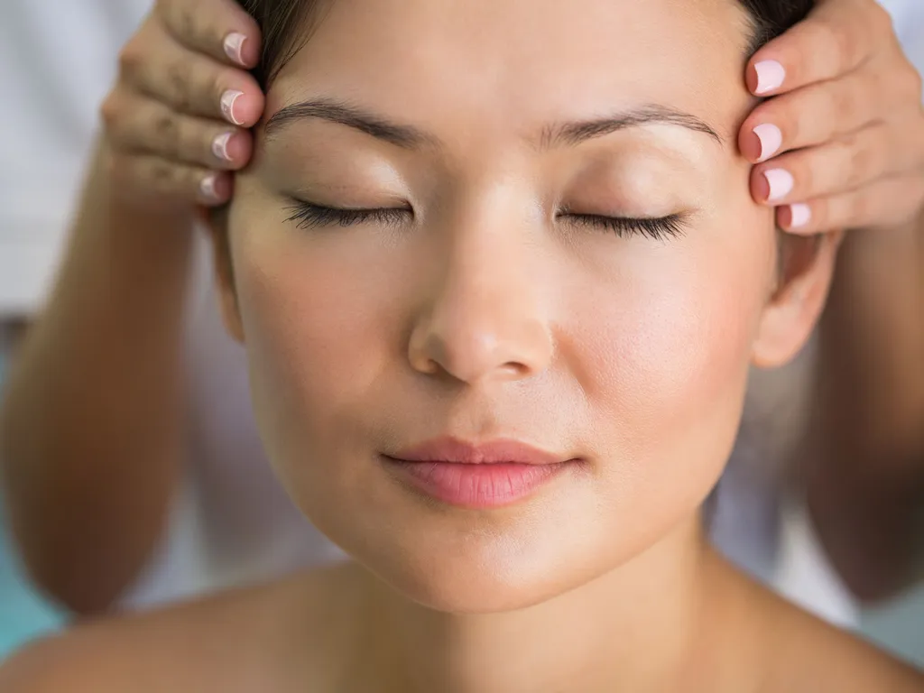 Close-up of a woman with eyes closed receiving an Indian head massage, with hands gently holding her temples