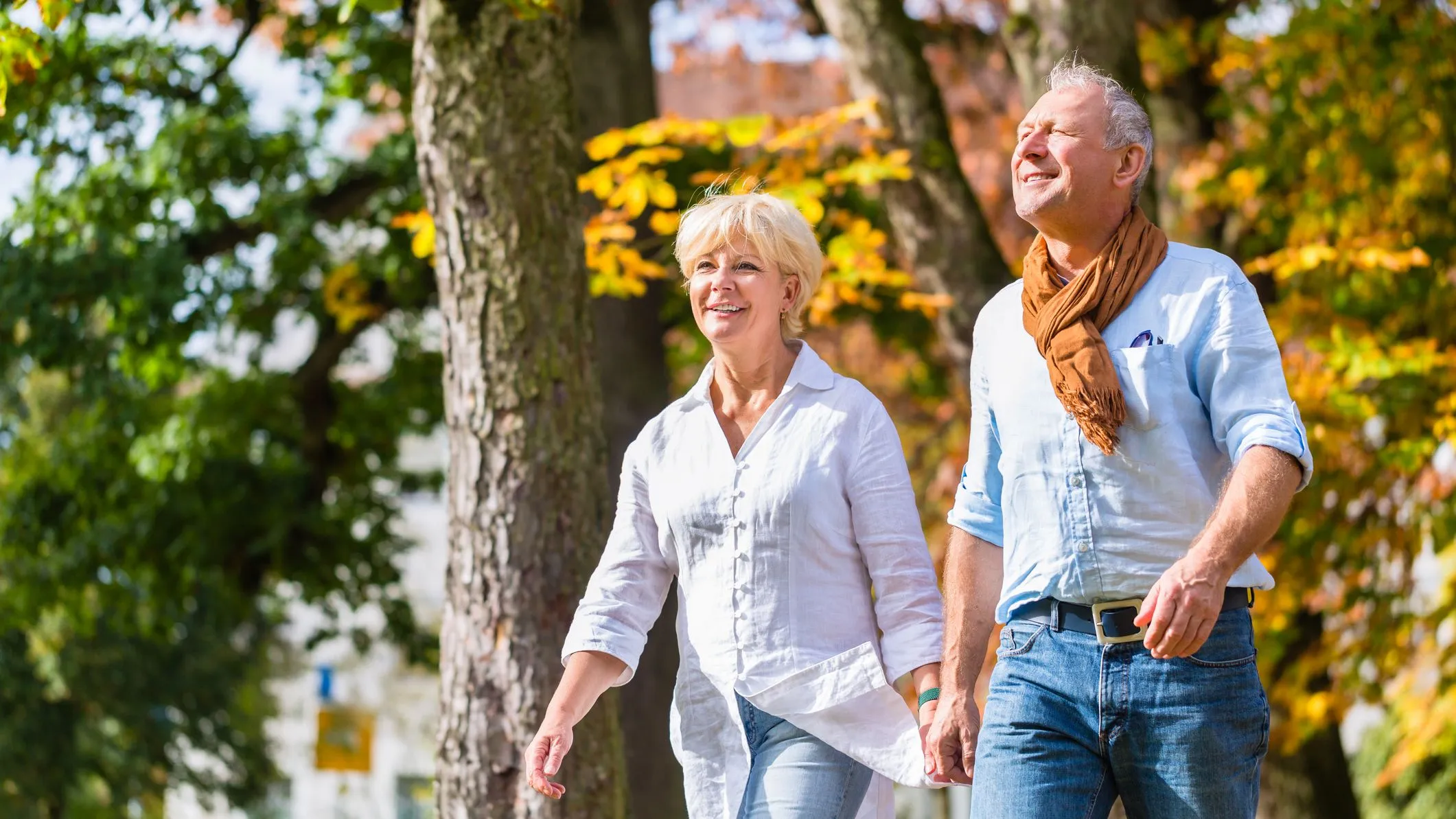 Middle-aged couple walking hand in hand through a park with autumn trees in bright sunshine