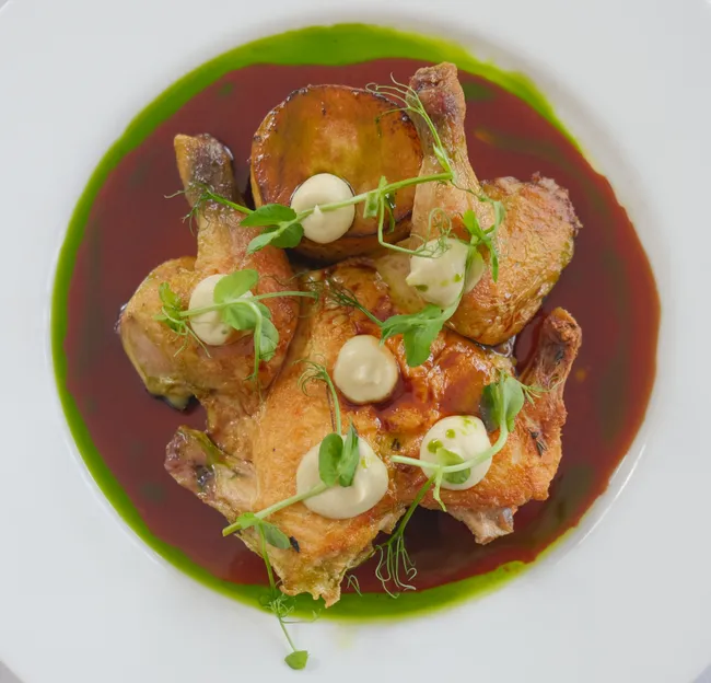Roast chicken pieces plated with a rich brown sauce, green herb oil, a crisp potato round, and microgreens on a white plate
