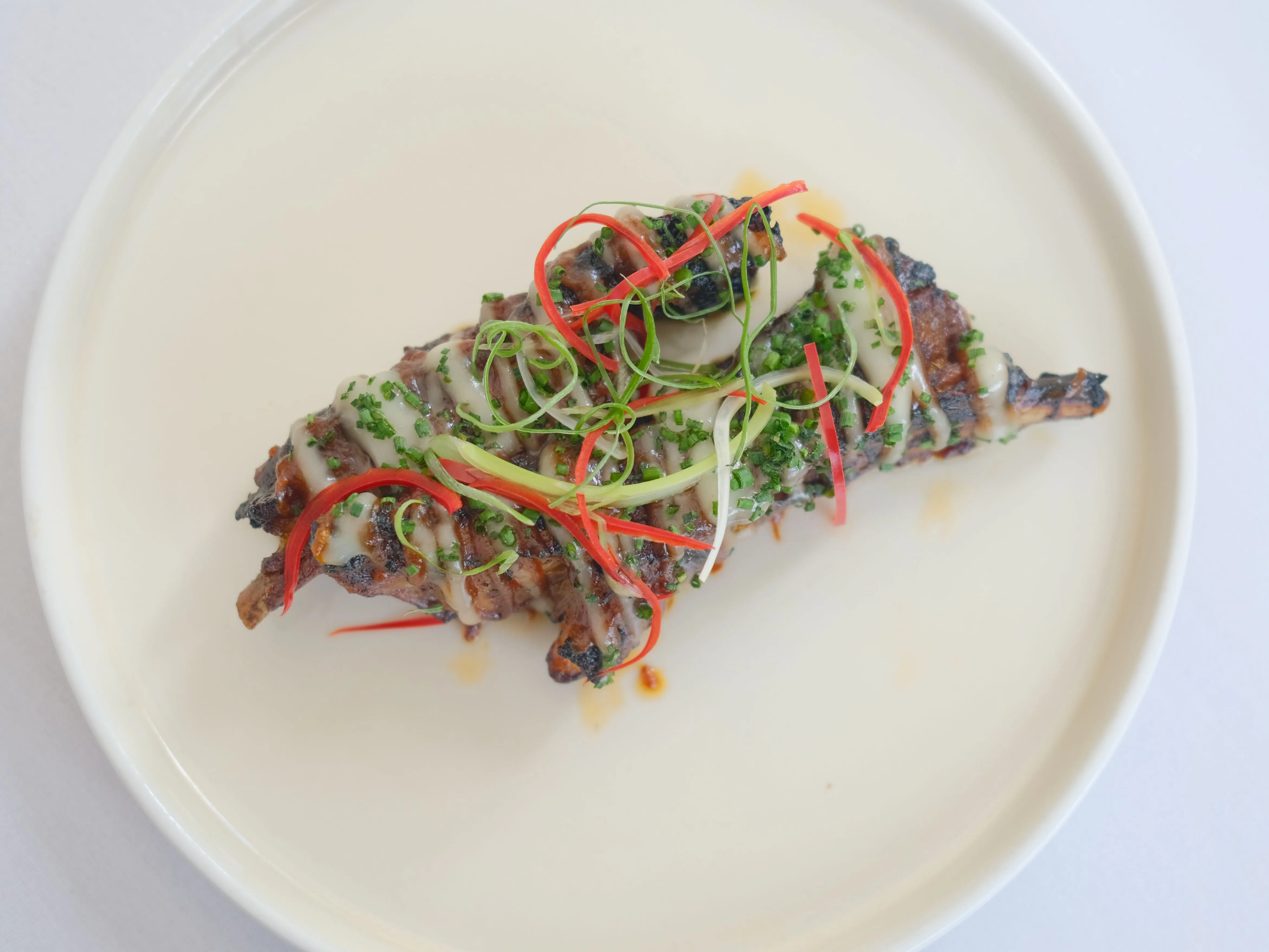 Grilled meat skewers on a white plate, drizzled with sauce and topped with spring onion and red chilli
