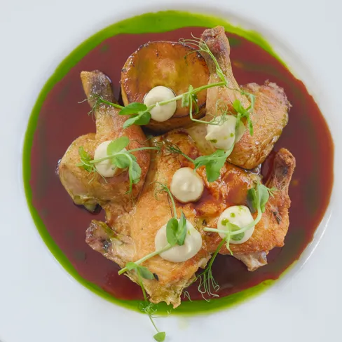 Roasted chicken pieces plated in a rich red sauce with a bright green herb oil, topped with small dollops of cream and pea shoots.