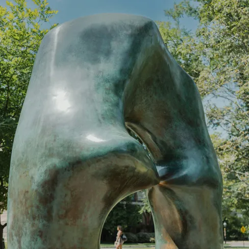 Large abstract bronze sculpture with smooth looping forms in a leafy park