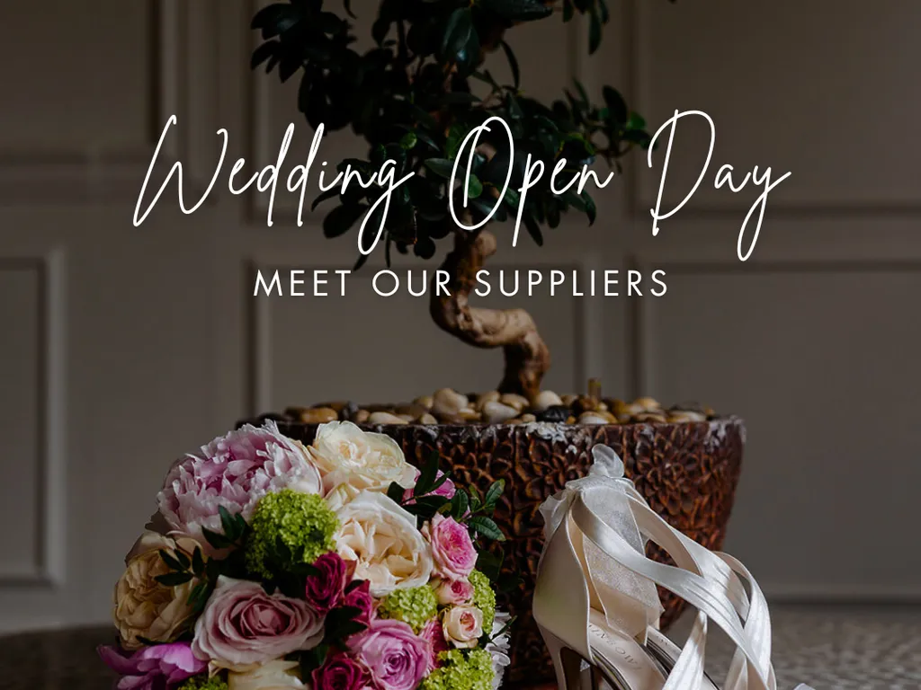 Wedding bouquet and white satin bridal shoes beside a potted bonsai tree, with wedding open day text overlay.