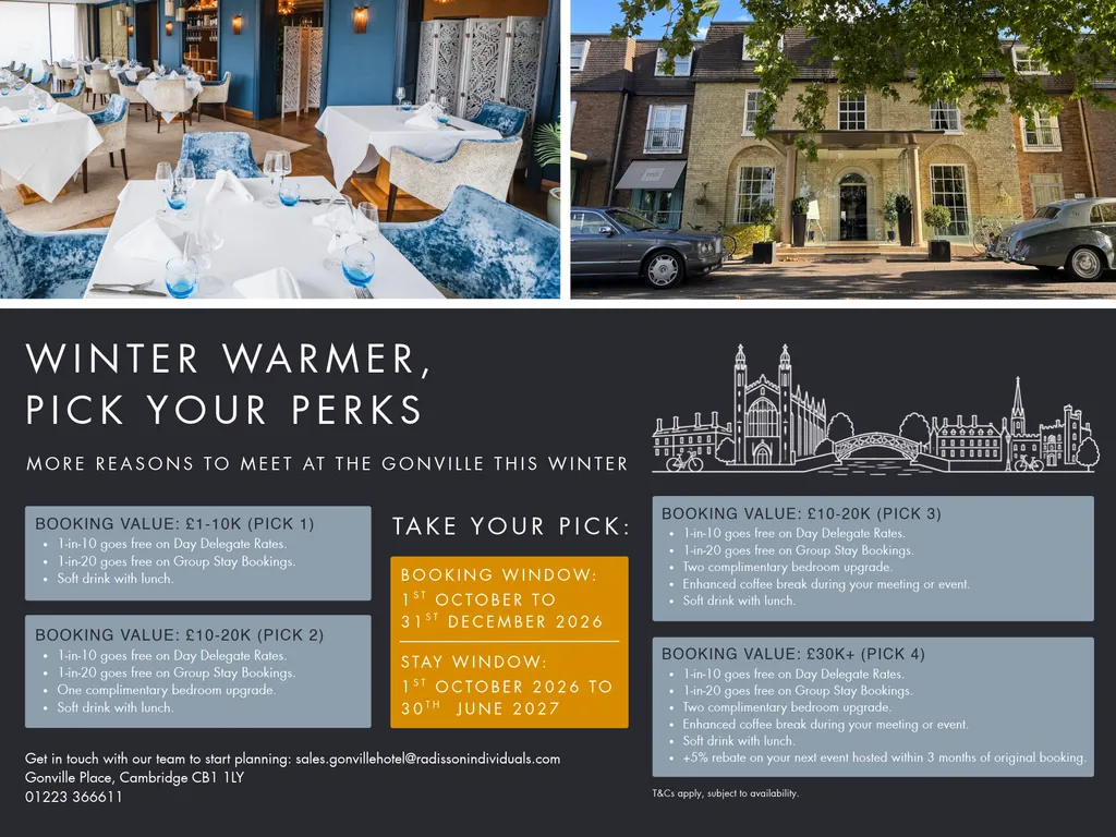 Winter Warmer promotional flyer showing a hotel restaurant, the Gonville Hotel exterior and tiered event booking perks.