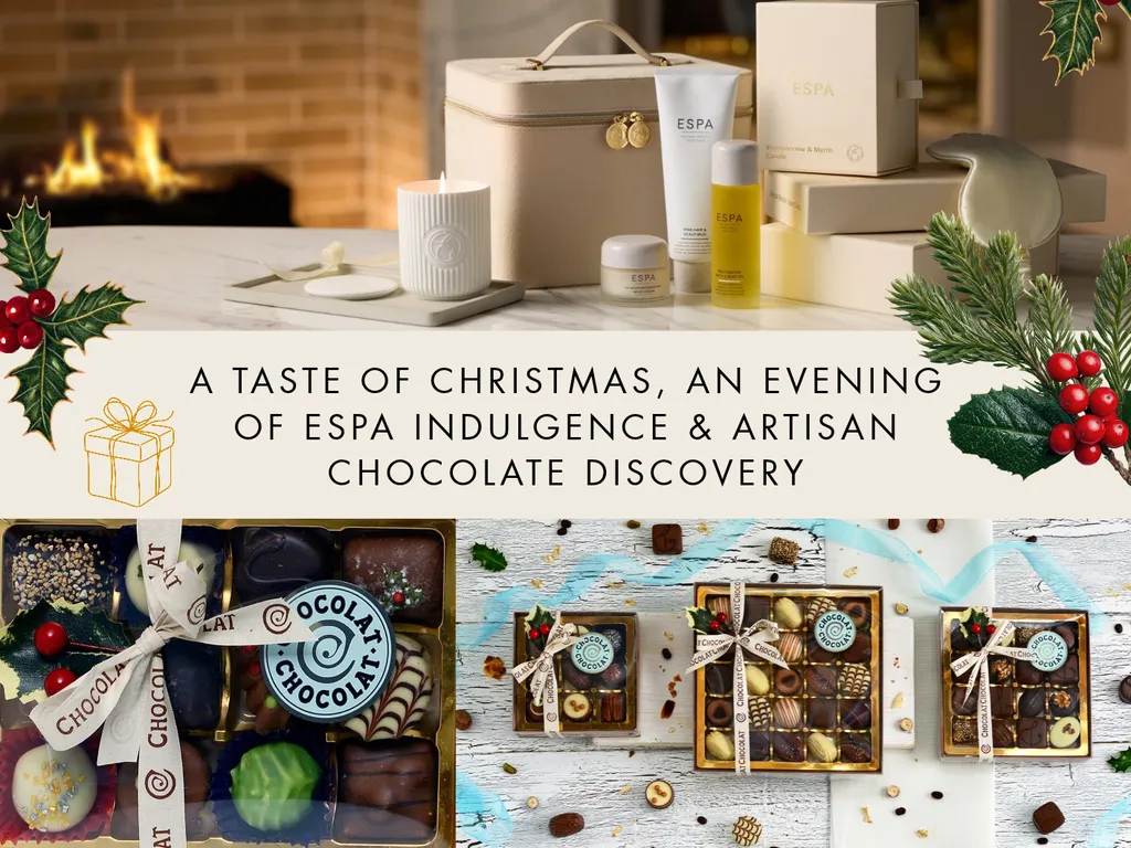 Christmas event poster featuring ESPA skincare gifts, artisan chocolates, festive holly and a fireplace