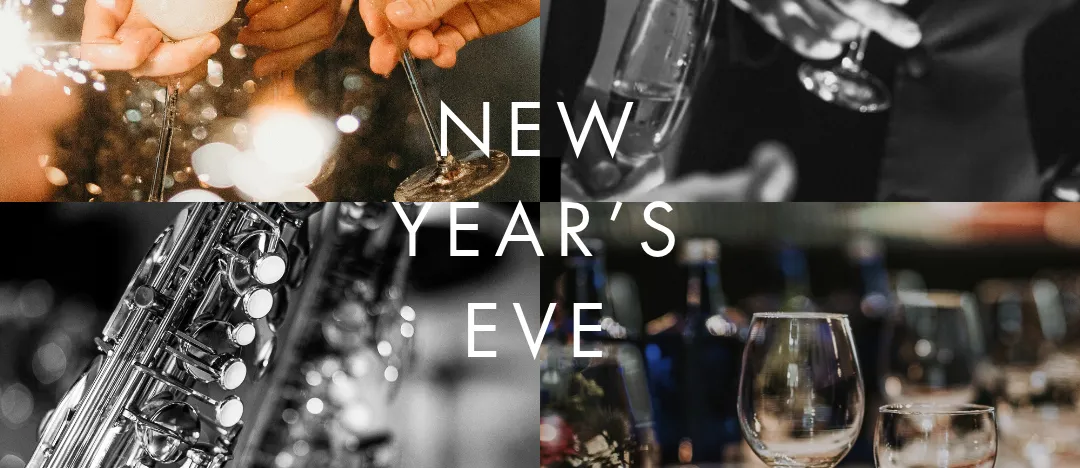 New Year’s Eve collage with champagne toasts, sparklers, a saxophone and a set dining table