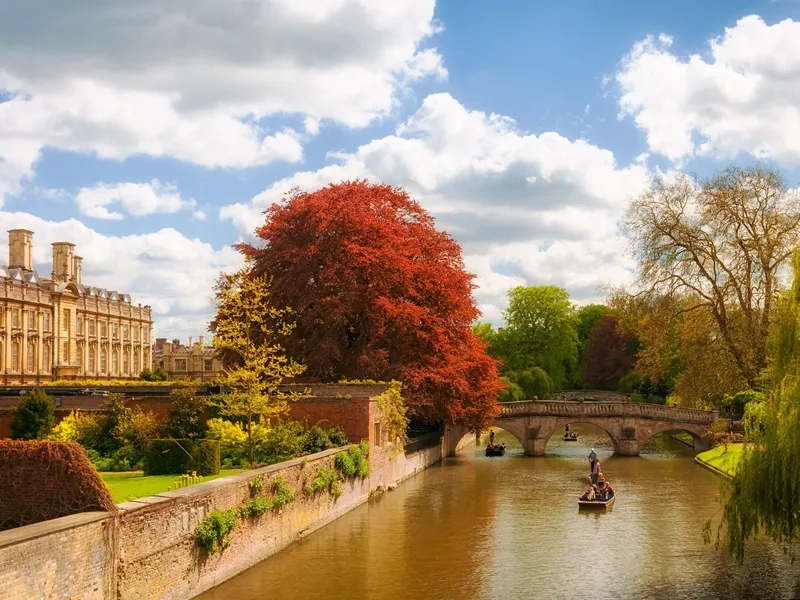 Autumn scene in Cambridge with people punting on the river, trees with colorful foliage, and historic college buildings.
