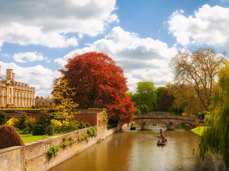 Autumn scene in Cambridge with people punting on the river, trees with colorful foliage, and historic college buildings.