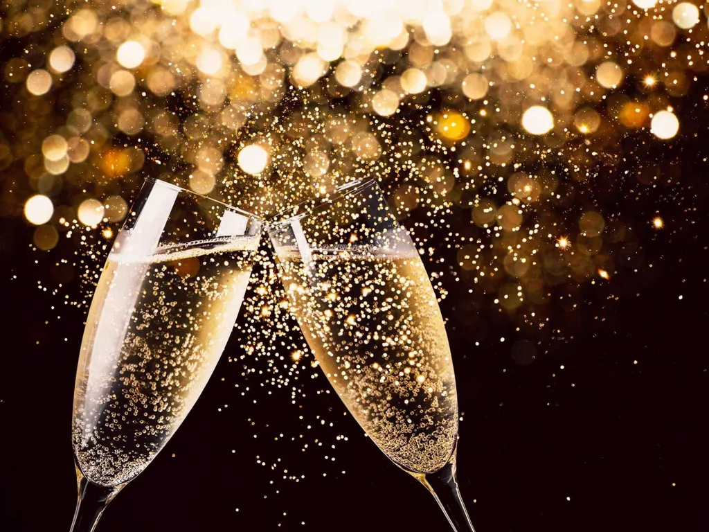 Two champagne glasses clinking with golden sparkling lights in the background