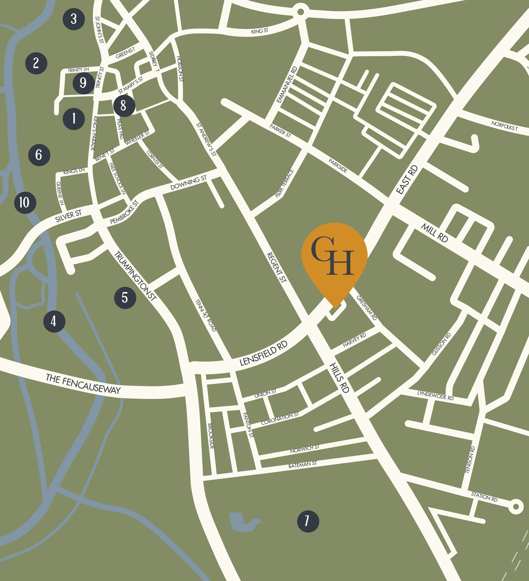 Stylized map of a city area with marked locations and a large orange GH marker.