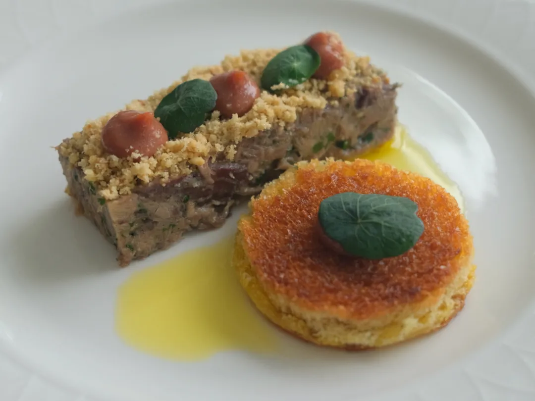 A gourmet plated dish with a rectangular meat terrine topped with crumbs and herbs, next to a round golden crusted savory item, garnished with green leaves.