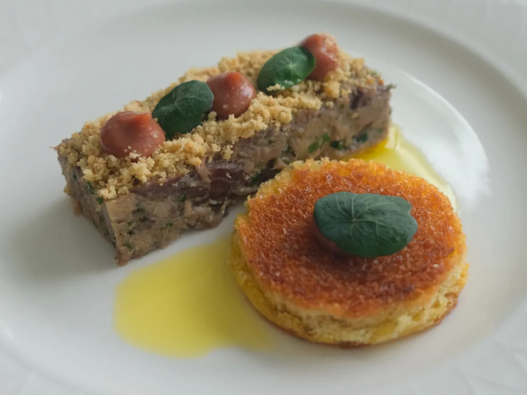 A gourmet plated dish with a rectangular meat terrine topped with crumbs and herbs, next to a round golden crusted savory item, garnished with green leaves.
