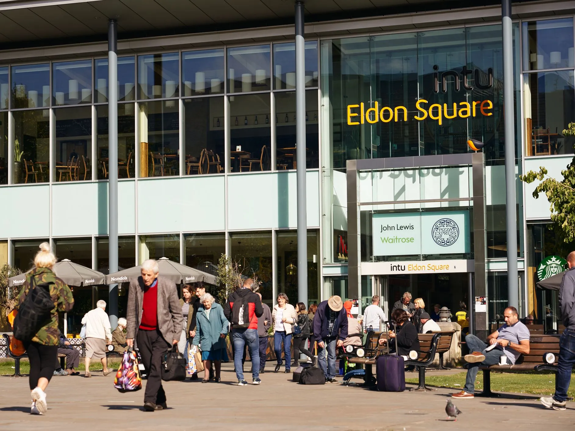 Shoppers and pedestrians outside intu Eldon Square shopping centre in Newcastle city centre.