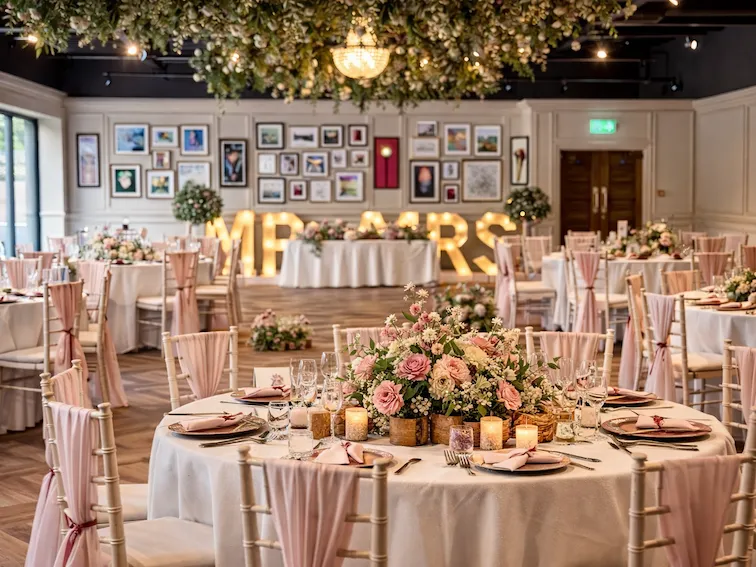 Elegant wedding reception venue with round tables, blush pink chair drapes, floral centrepieces and illuminated MR & MRS letters